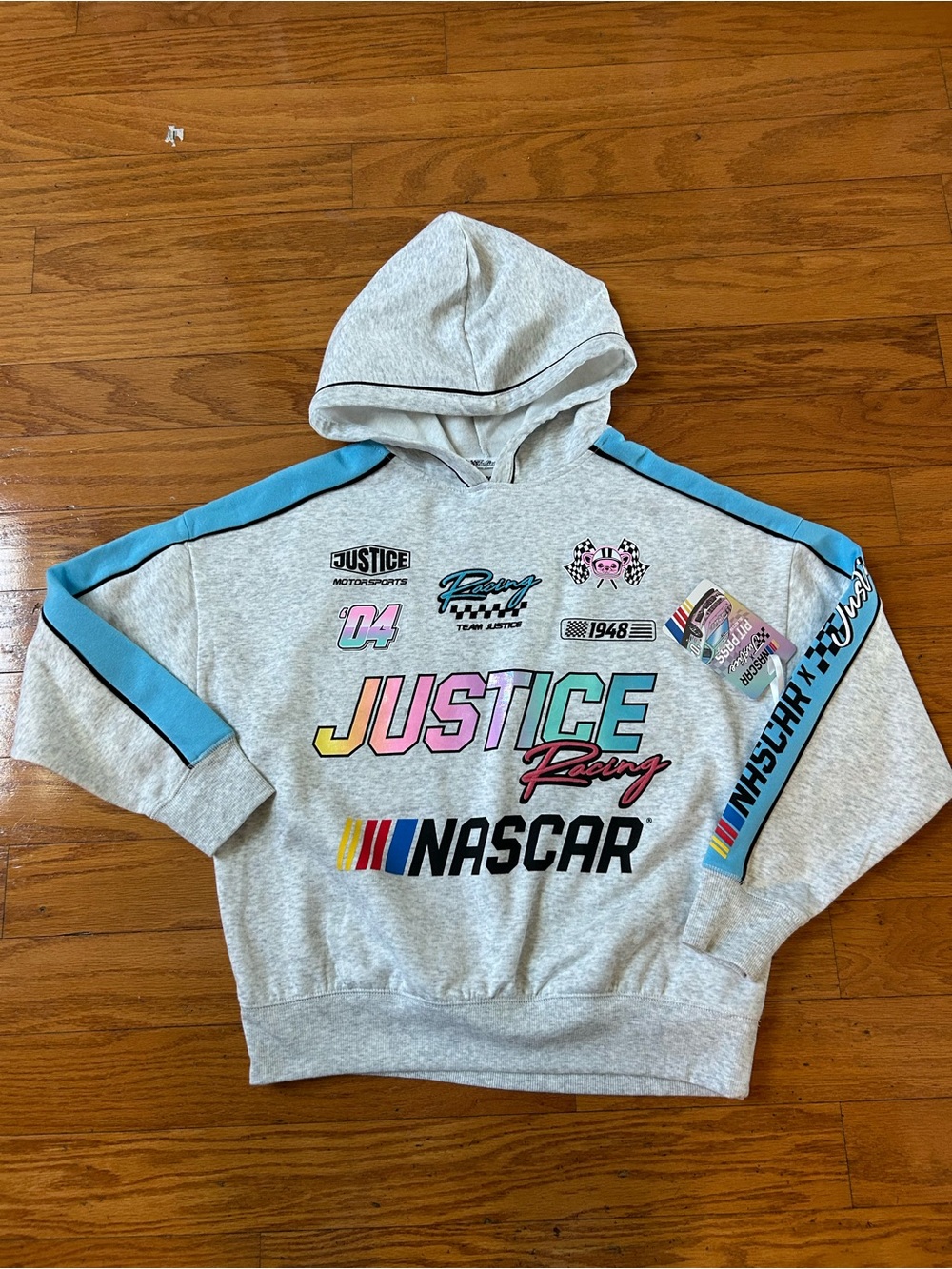 NWT Justice girls Nascar Light Gray Hoodie